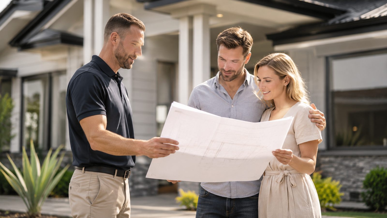 A builder going through a set of plans on site with two clients in front of a home under construction.