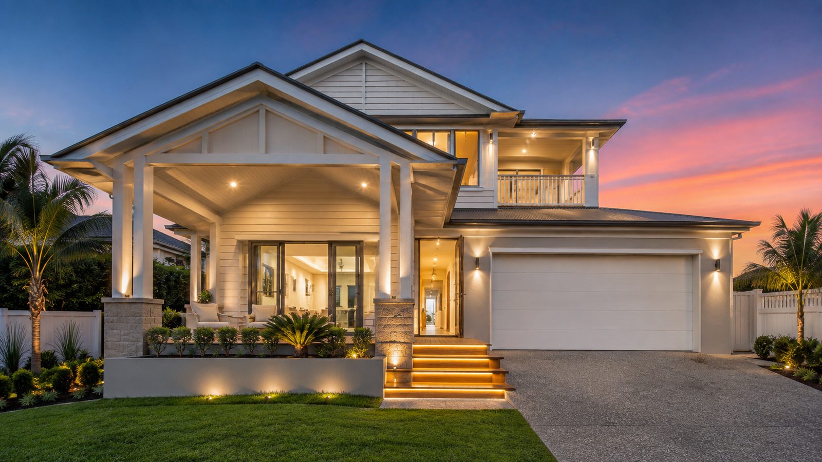 A two-storey home at dusk with a gabled entry portico, upper-level balcony and warmly lit interior.