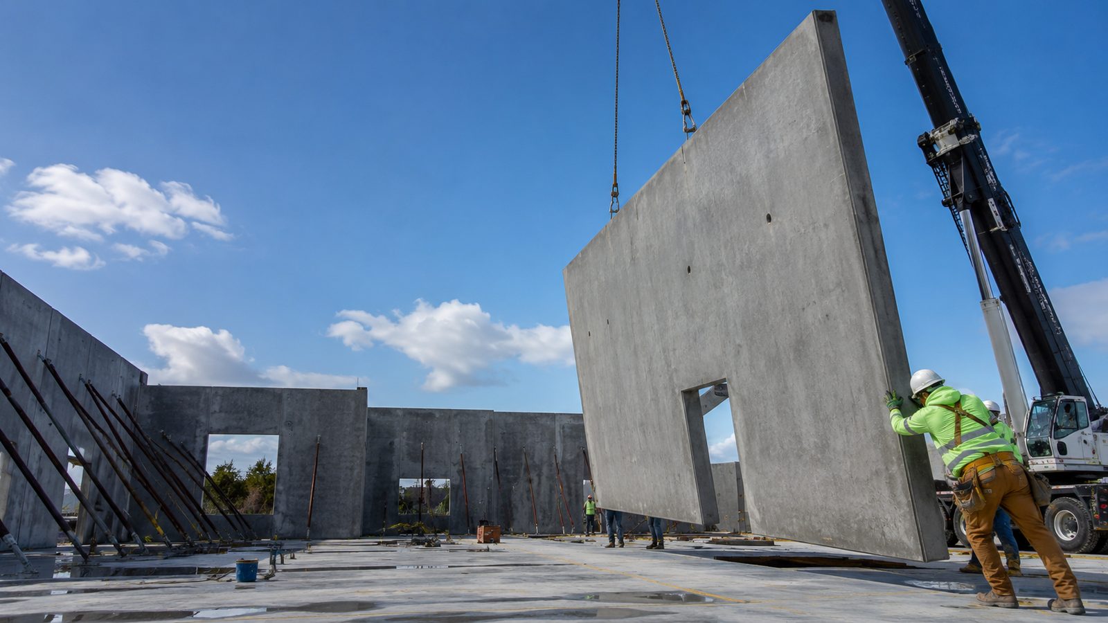 A precast concrete tilt panel being lifted into place by crane on a commercial construction site.