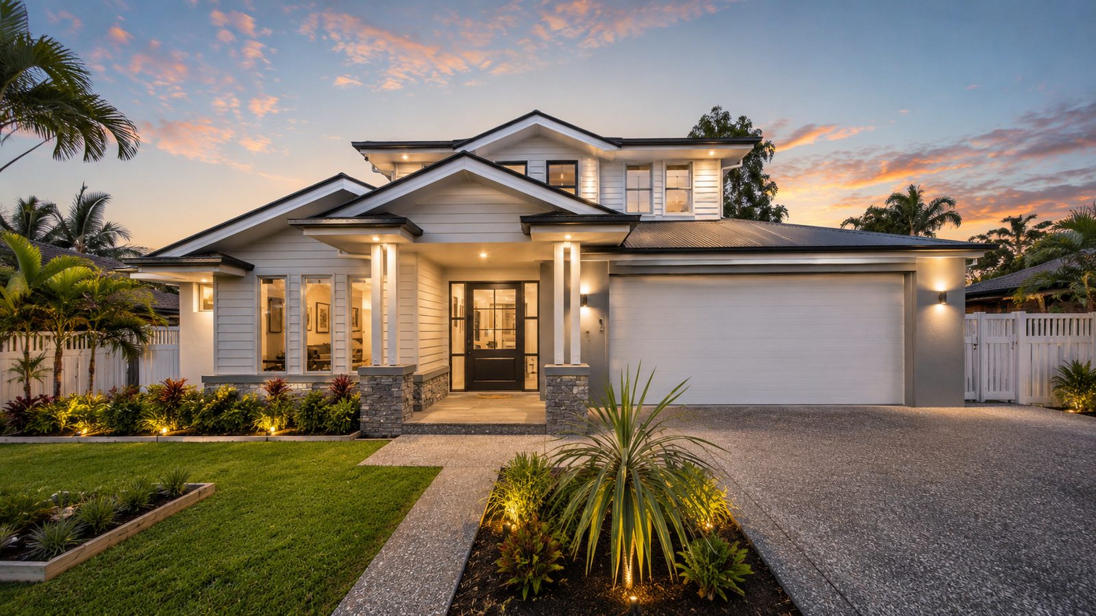 A newly completed single-storey home at dusk, with a lit entry portico, feature gable and landscaped front garden.