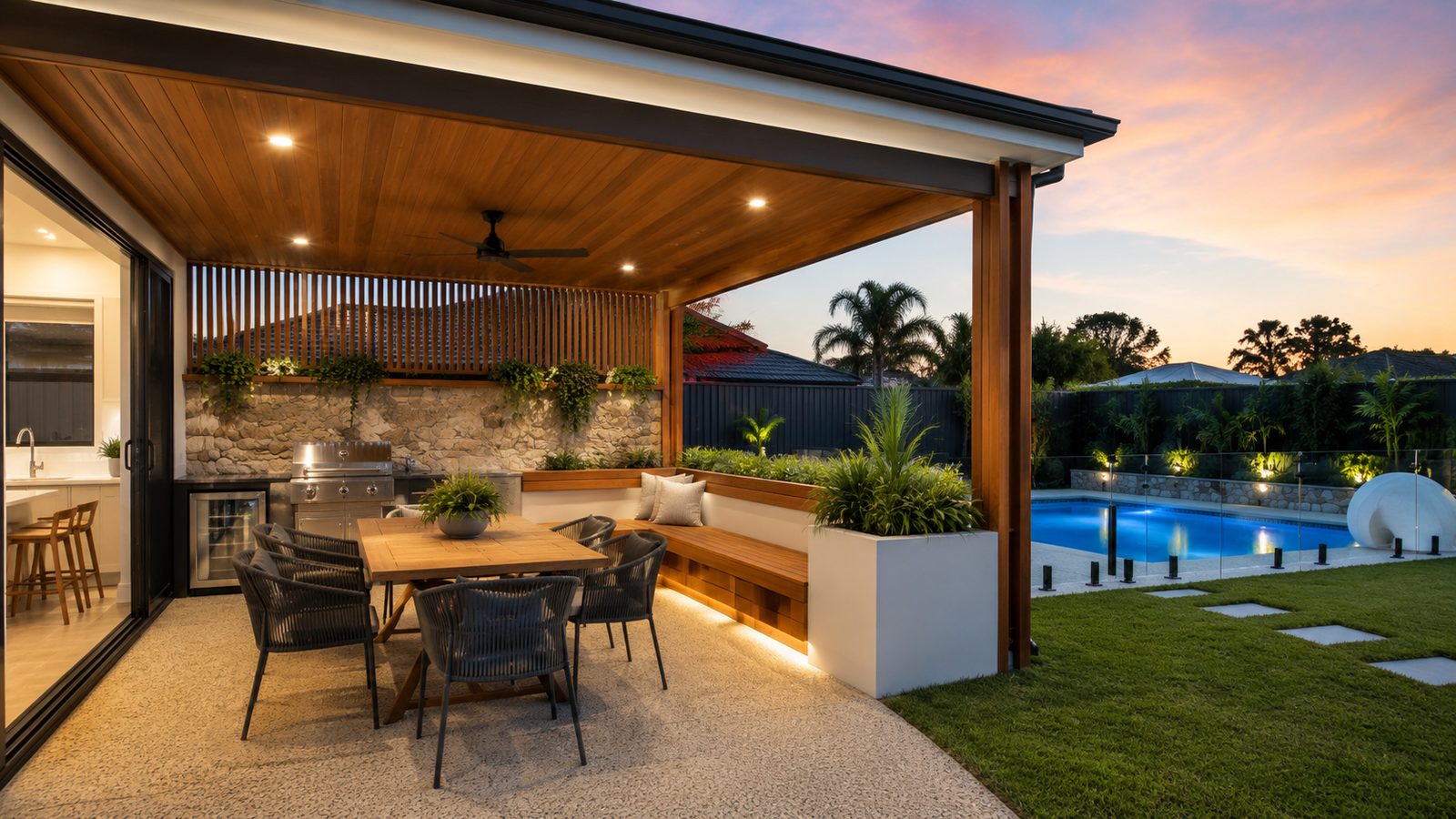 A covered alfresco area with a timber-lined ceiling, built-in barbecue and bench seating, looking out to a pool at dusk.