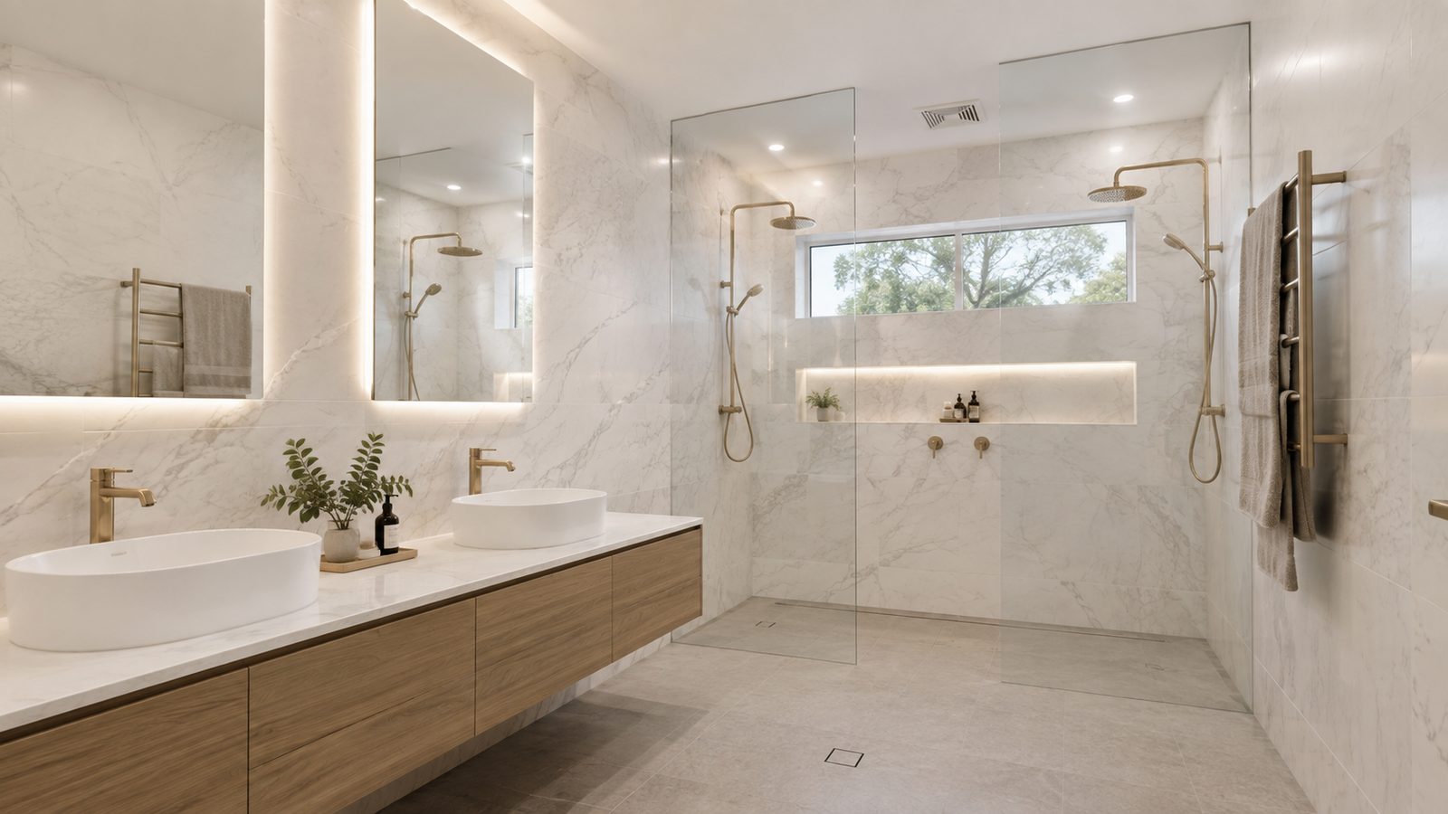 A renovated main bathroom finished in stone tiling, with a double vanity, backlit mirror and a walk-in double shower.